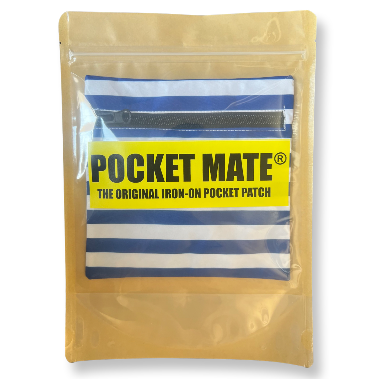 POCKET MATE® Iron-On Pocket Patch with Zip - Phone Pocket For Travel - Zipped Secret Pocket - Stash Credit Cards or Passport - Navy White Stripes