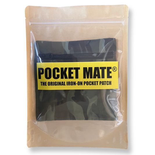 POCKET MATE® Iron-On Pocket Patch with Zip - Phone Pocket For Travel - Zipped Secret Pocket - Stash Credit Cards or Passport - Camo