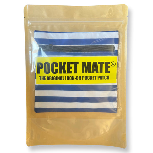 MINI POCKET MATE® Iron-On Pocket Patch with Zip - Phone Pocket For Travel - Zipped Secret Pocket - Stash Credit Cards or Passport - Navy White Stripes